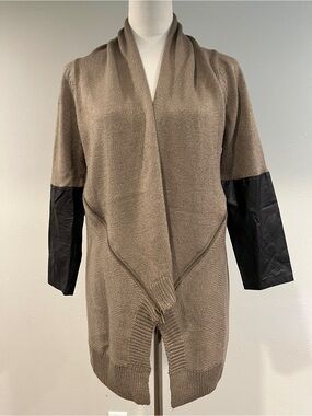 Divine Heart Taupe Open-Fron Cardigan with Faux-Leather Sleeves & zipper details